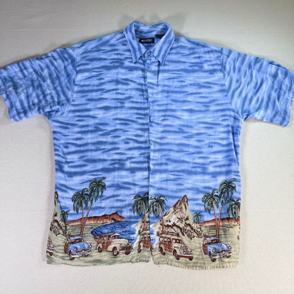 Puritan Mens Large Blue Rayon Hawaiian Shirt Woody Wagon Tropical Beach Print